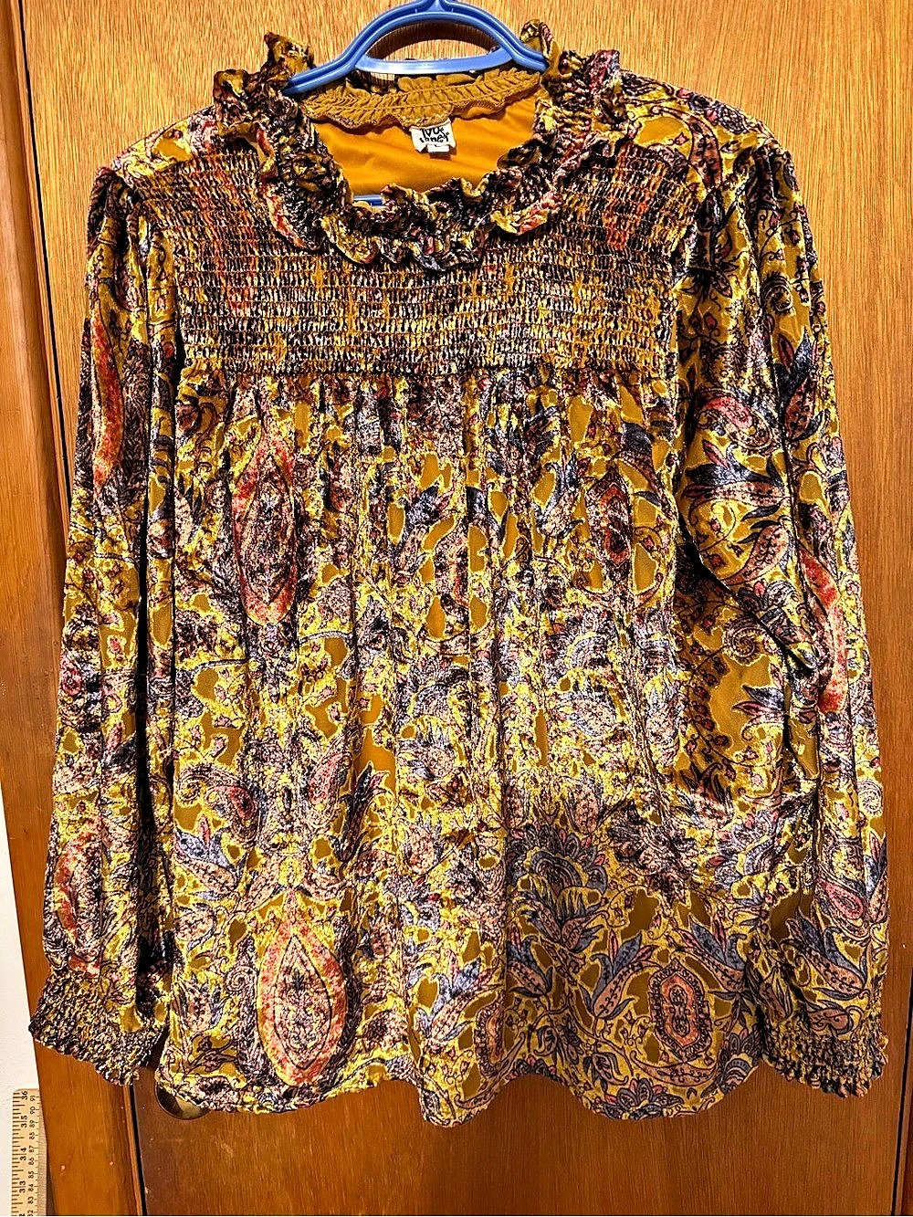 Ivy Jane Paisley Smocked Blouse in Yellow & Brown Large